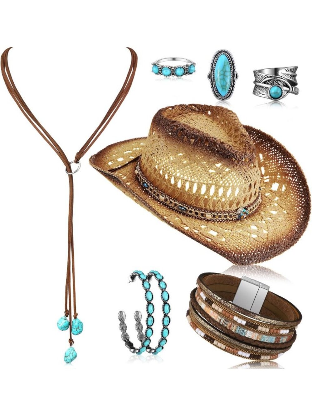 Bohemian 7-Piece Western Jewelry Set with Turquoise, Hat, Necklace, Bracelet
